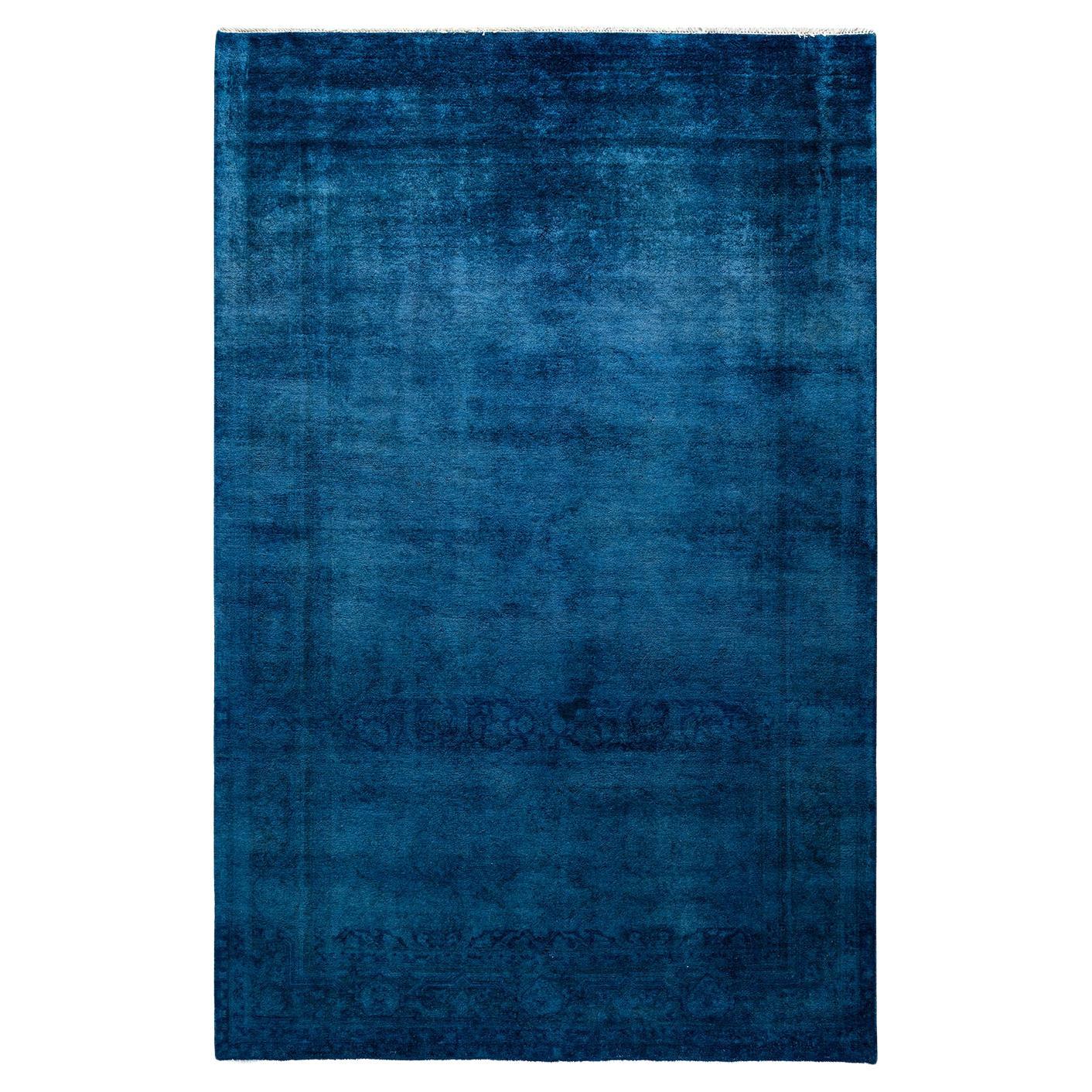 Tapis de sol contemporain en laine surteinte nouée à la main, bleu