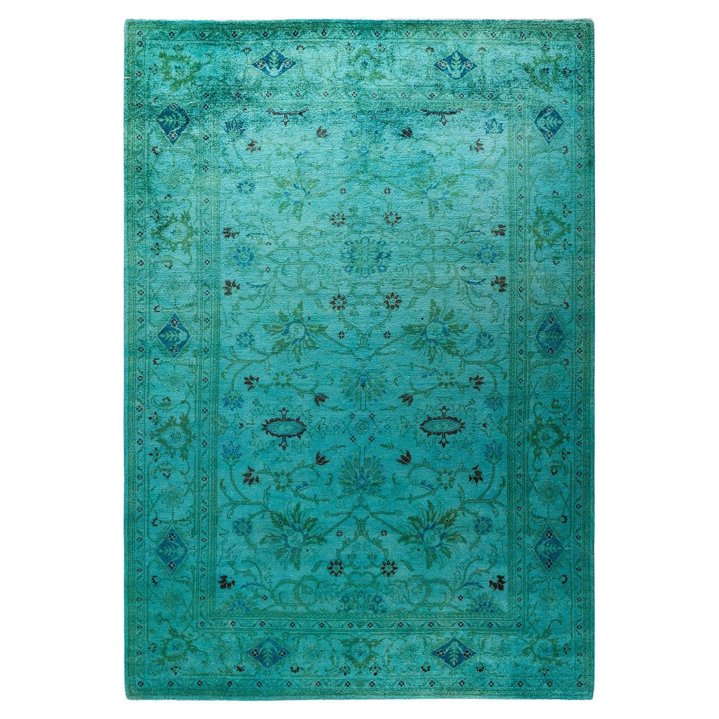 Tappeto contemporaneo in lana sovratinta annodata a mano di colore blu