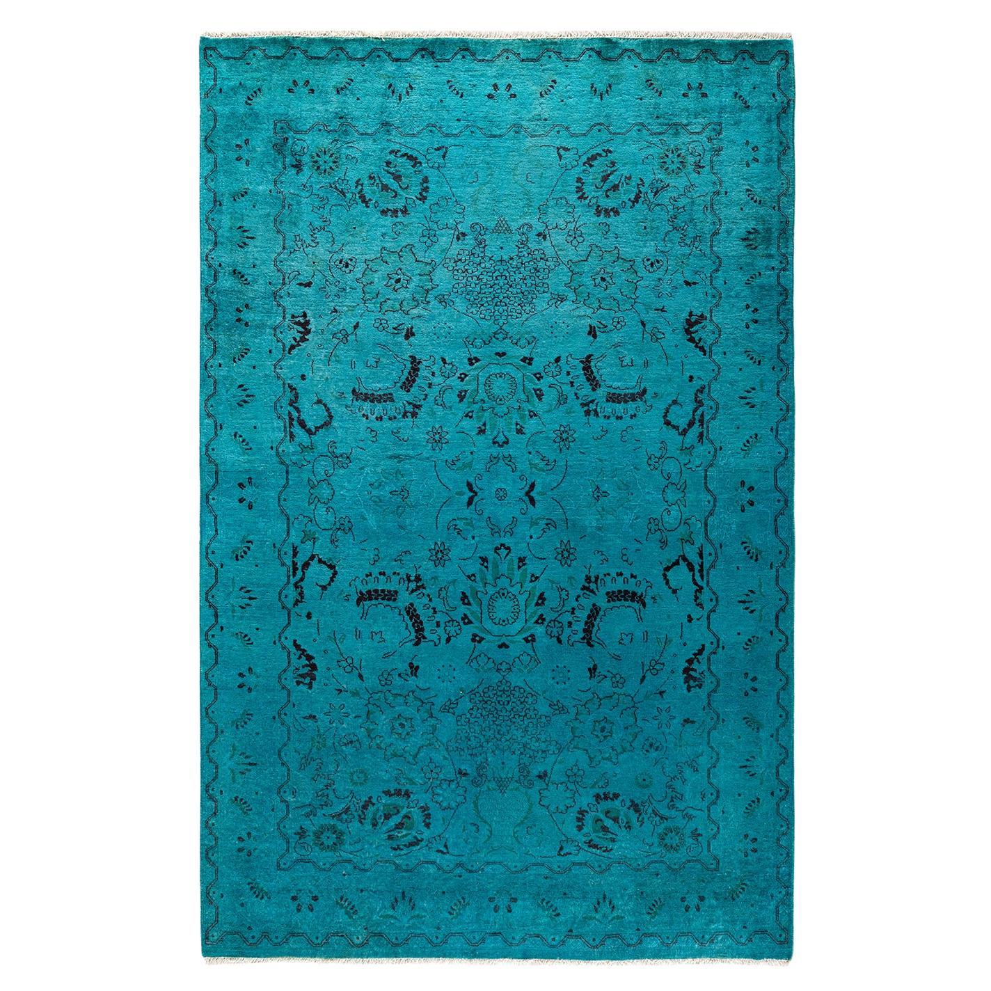 Tapis de sol contemporain en laine surteinte nouée à la main, bleu
