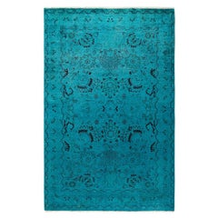 Tapis de sol contemporain en laine surteinte nouée à la main, bleu