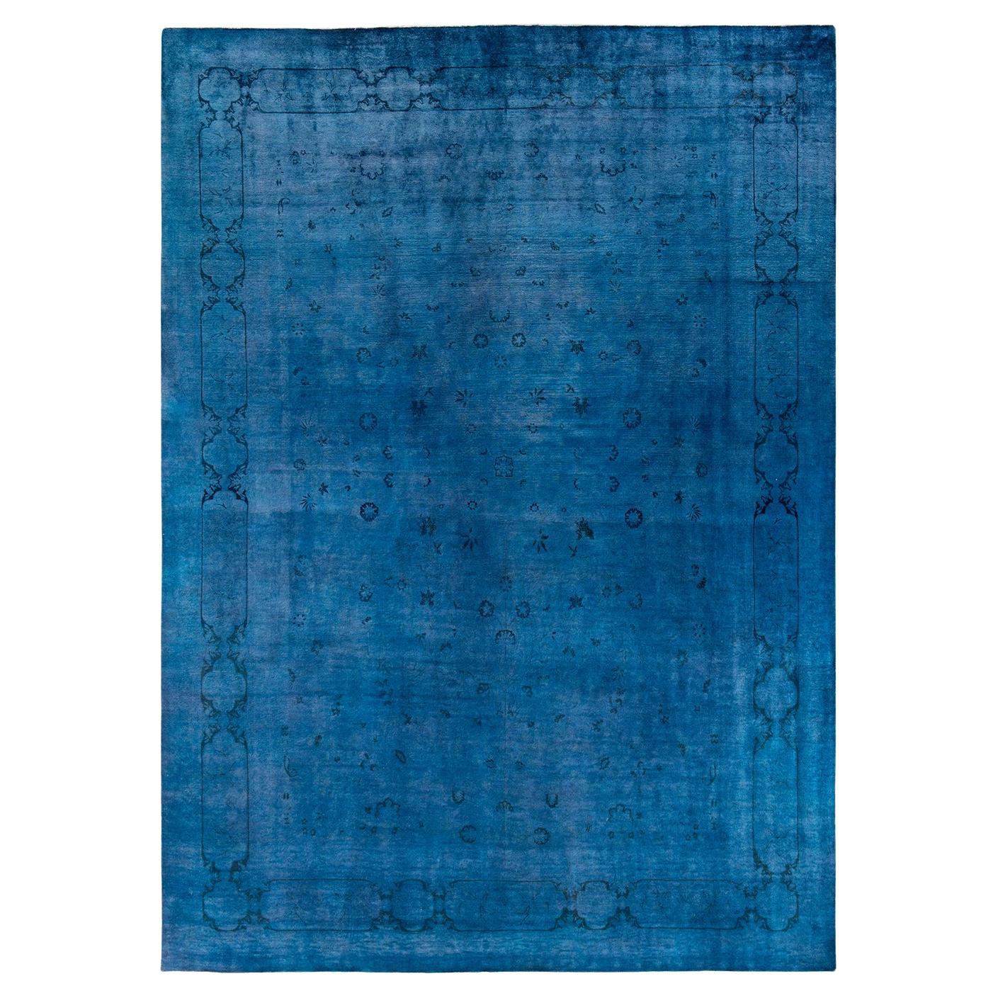 Contemporary Overdyed Hand Knotted Wool Blue Area Rug For Sale