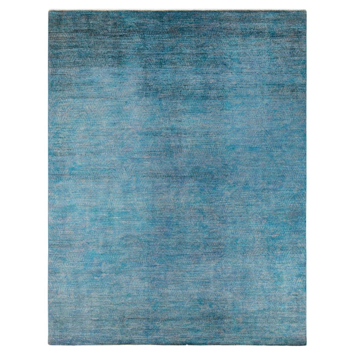 Tapis de sol contemporain en laine surteinte nouée à la main, bleu