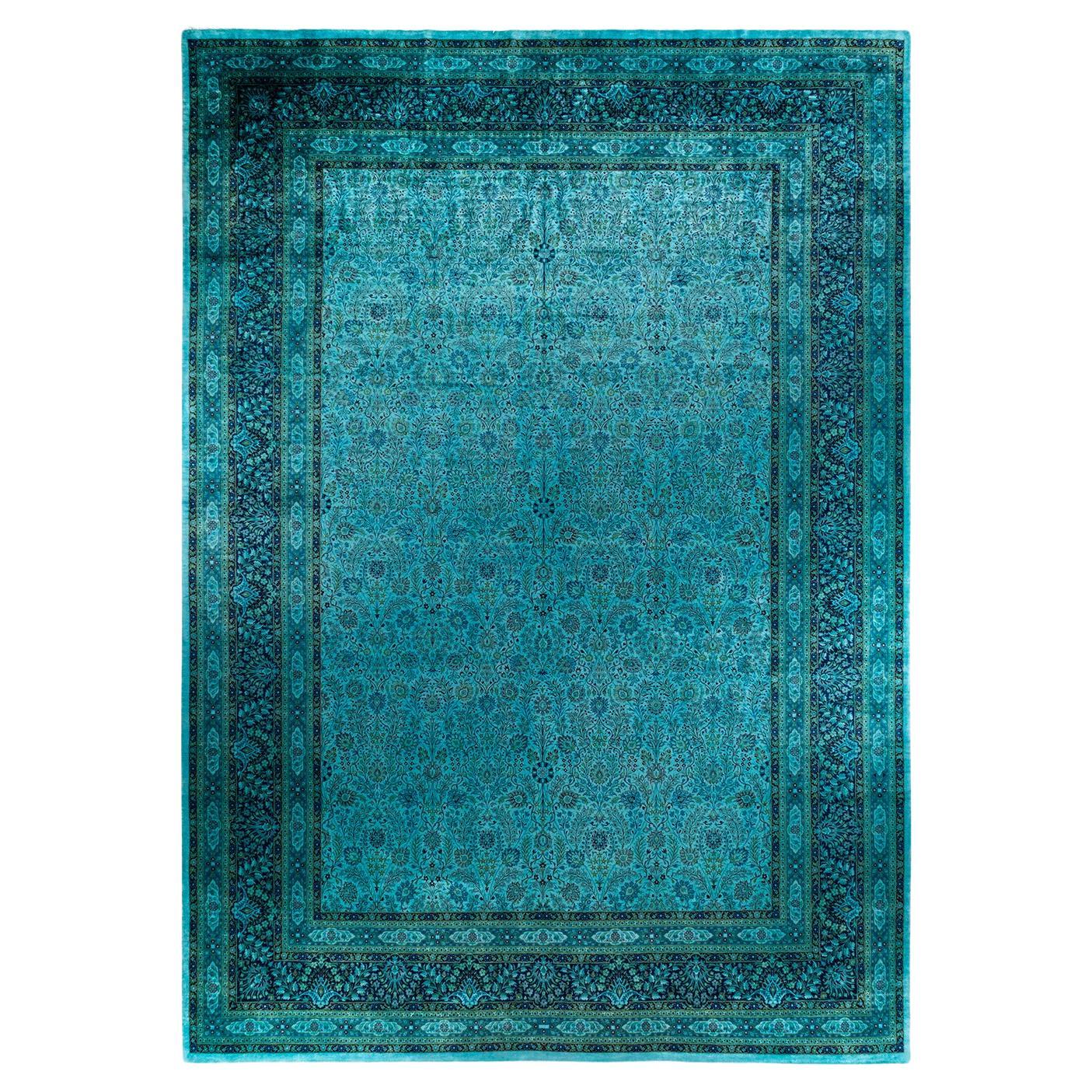 Contemporary Overdyed Hand Knotted Wool Blue Area Rug For Sale