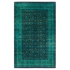 Tapis de sol contemporain en laine surteinte nouée à la main, bleu