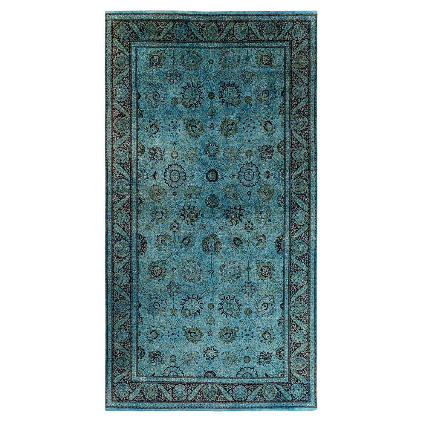 Contemporary Overdyed Hand Knotted Wool Blue Area Rug For Sale