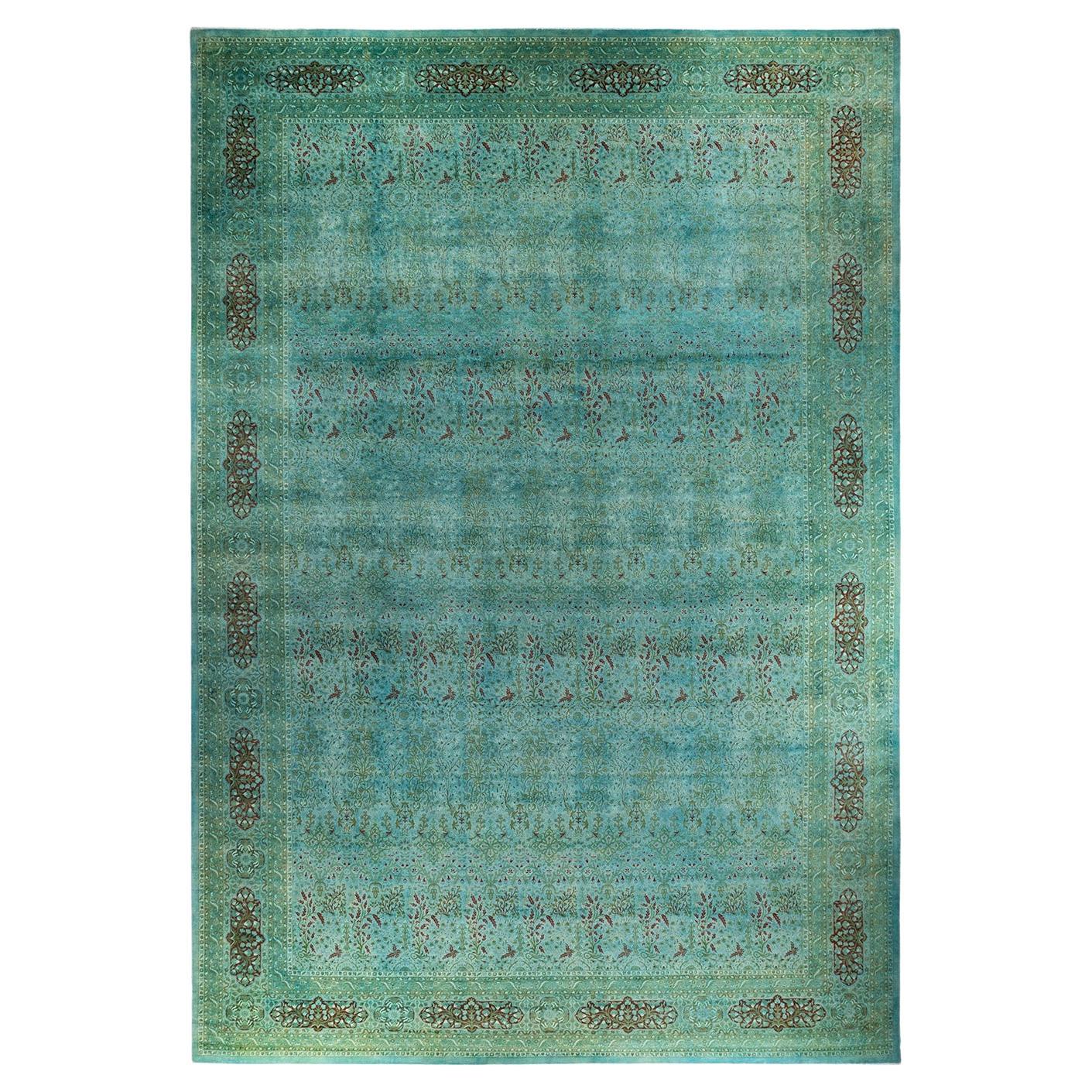 Contemporary Overdyed Hand Knotted Wool Blue Area Rug For Sale