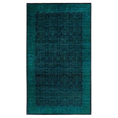 Tapis de sol contemporain en laine surteinte nouée à la main, bleu