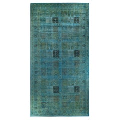 Tapis de sol contemporain en laine surteinte nouée à la main, bleu