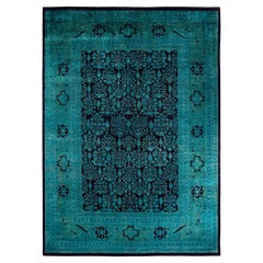 Tapis de sol contemporain en laine surteinte nouée à la main, bleu