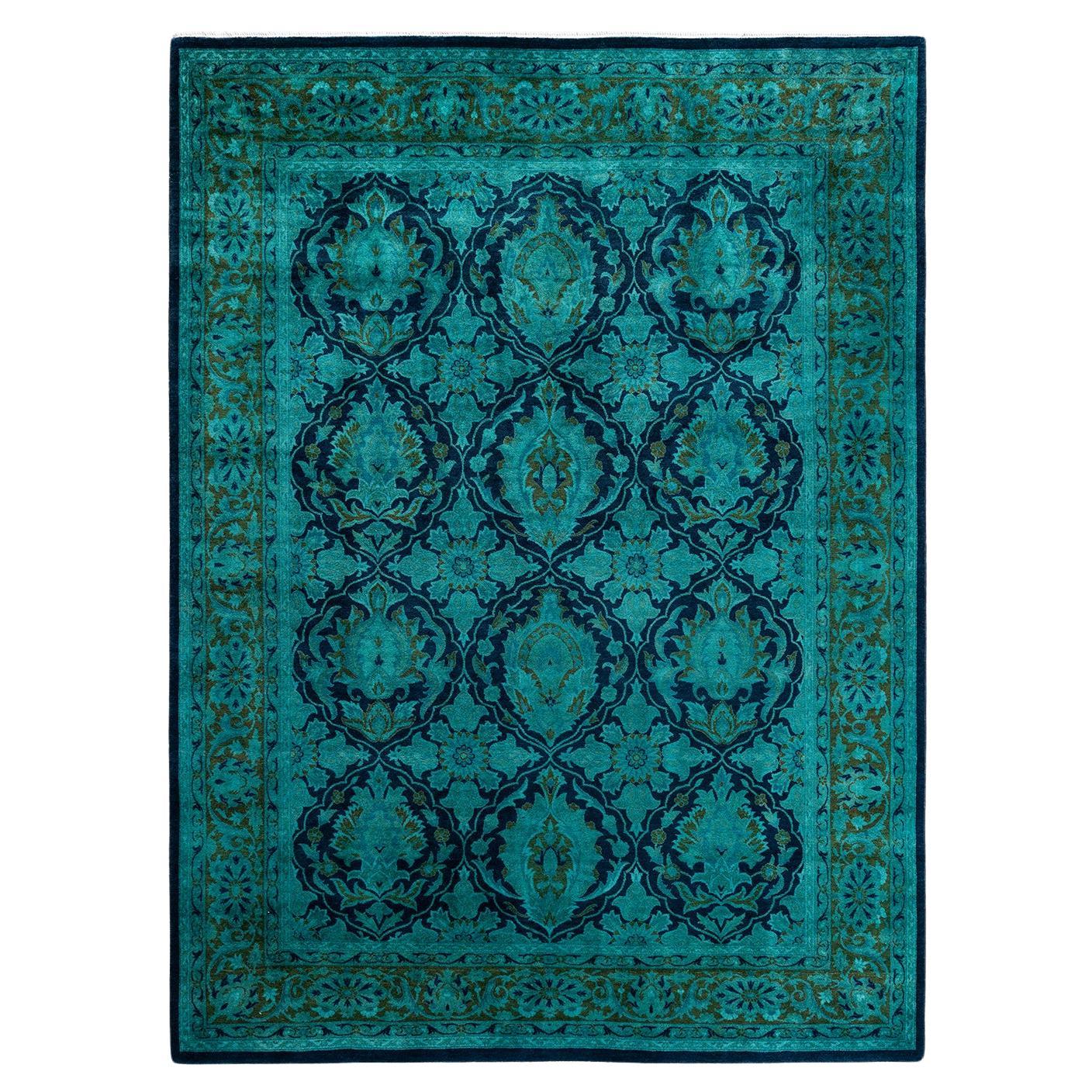 Tapis de sol contemporain en laine surteinte nouée à la main, bleu