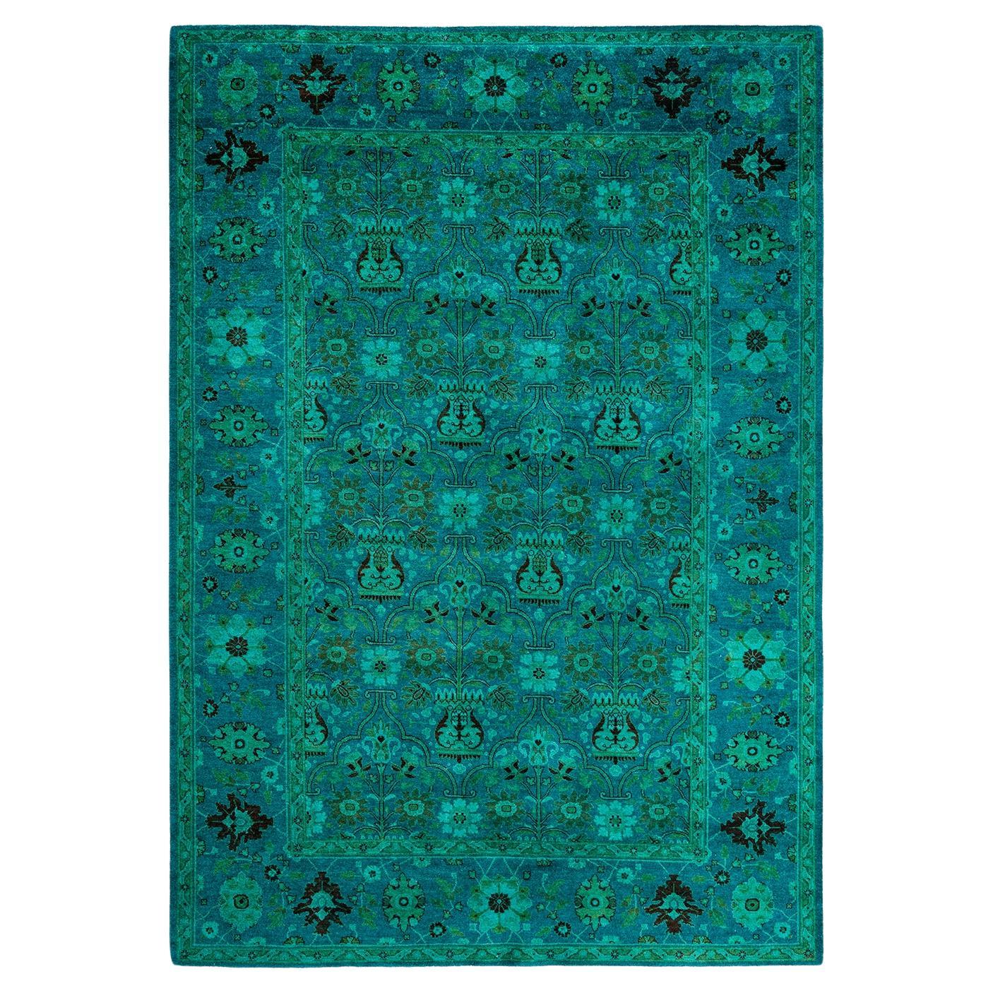 Contemporary Overdyed Hand Knotted Wool Blue Area Rug For Sale