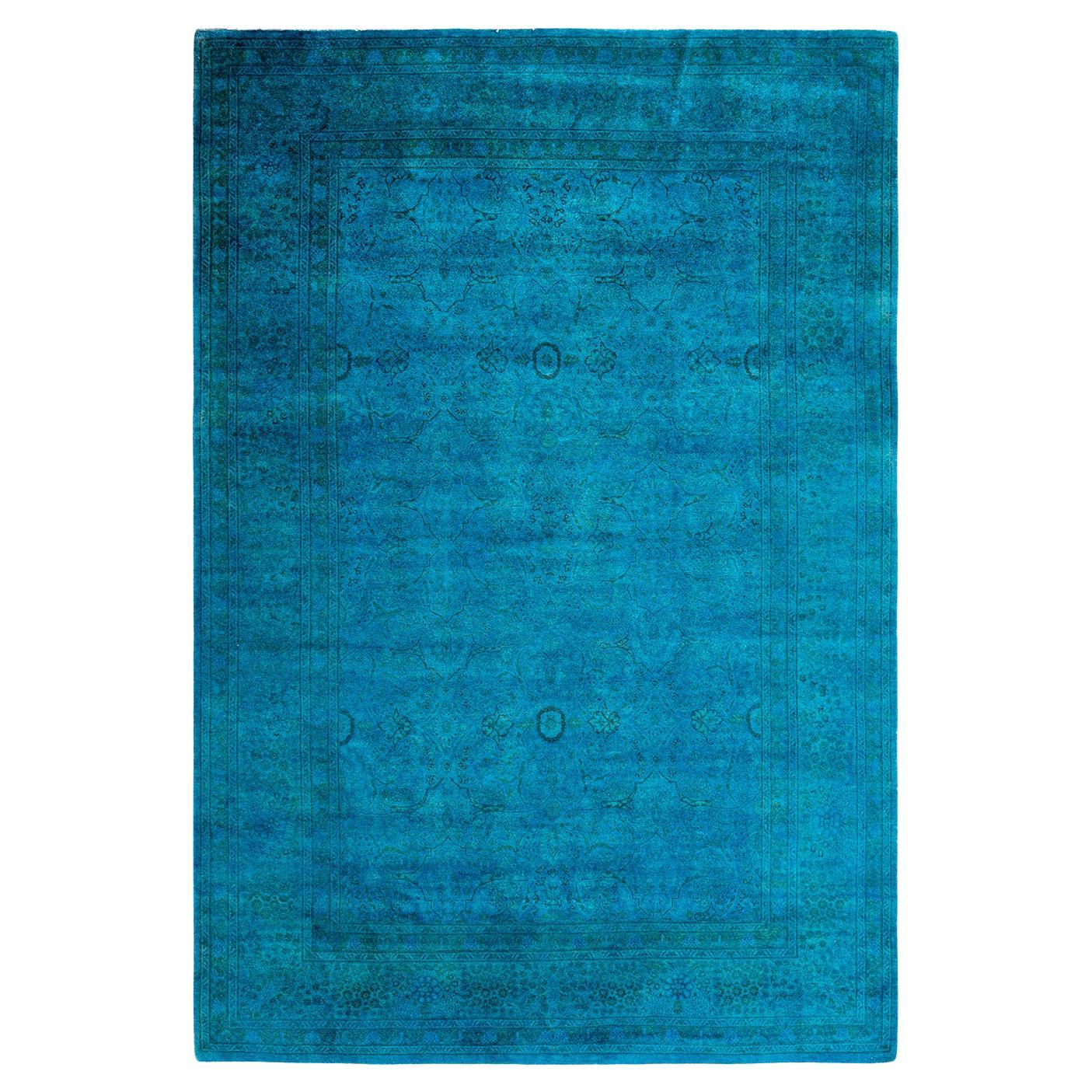 Tapis de sol contemporain en laine surteinte nouée à la main, bleu