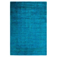 Tapis de sol contemporain en laine surteinte nouée à la main, bleu