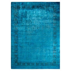 Tapis de sol contemporain en laine surteinte nouée à la main, bleu
