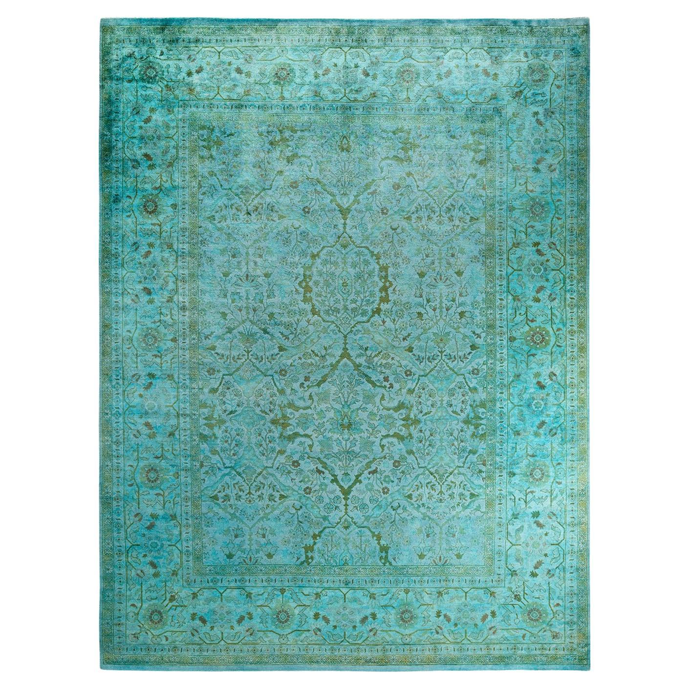Tappeto contemporaneo in lana sovratinta annodata a mano di colore blu