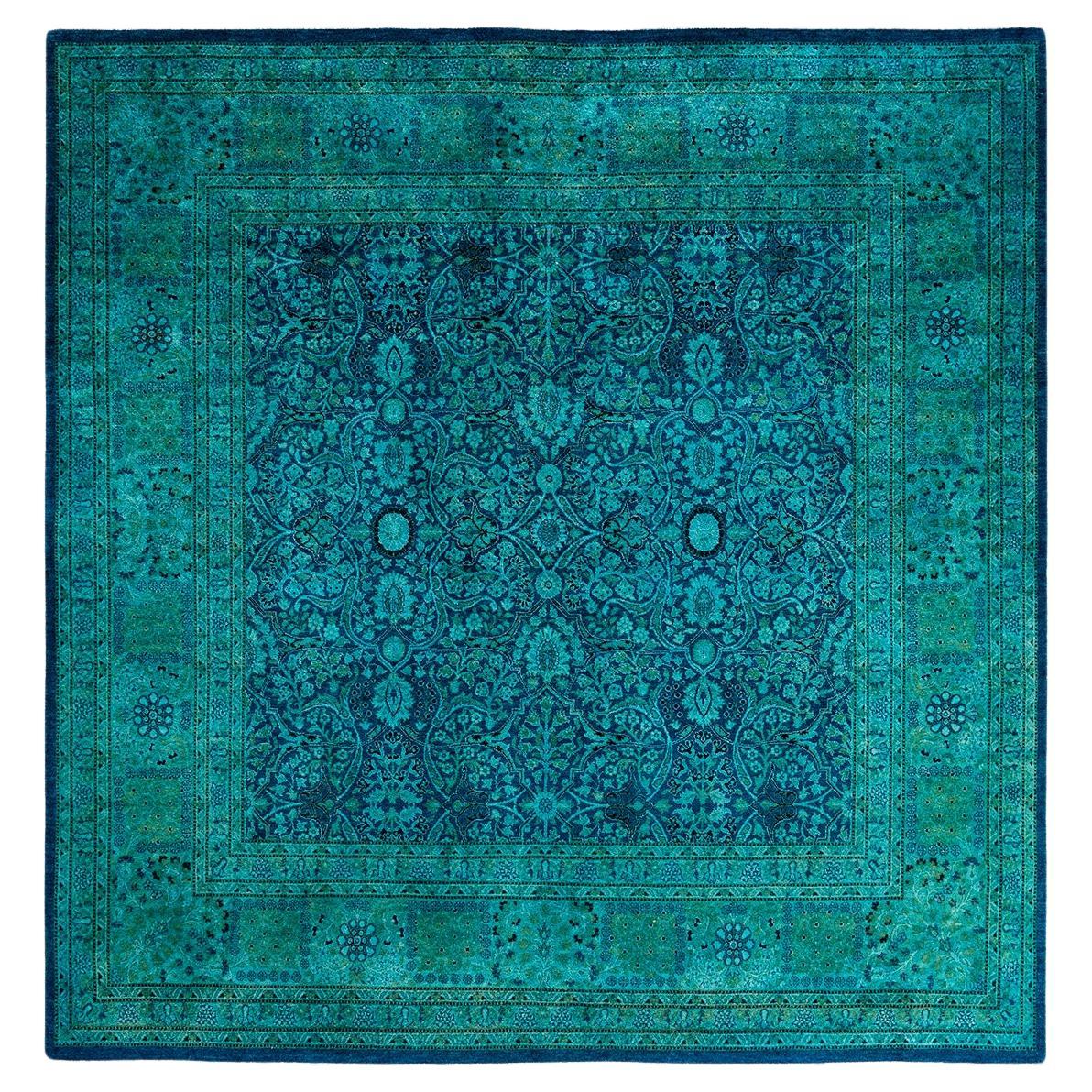 Tapis de sol contemporain en laine surteinte nouée à la main, bleu