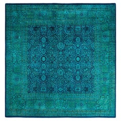 Tappeto contemporaneo in lana sovratinta annodata a mano di colore blu