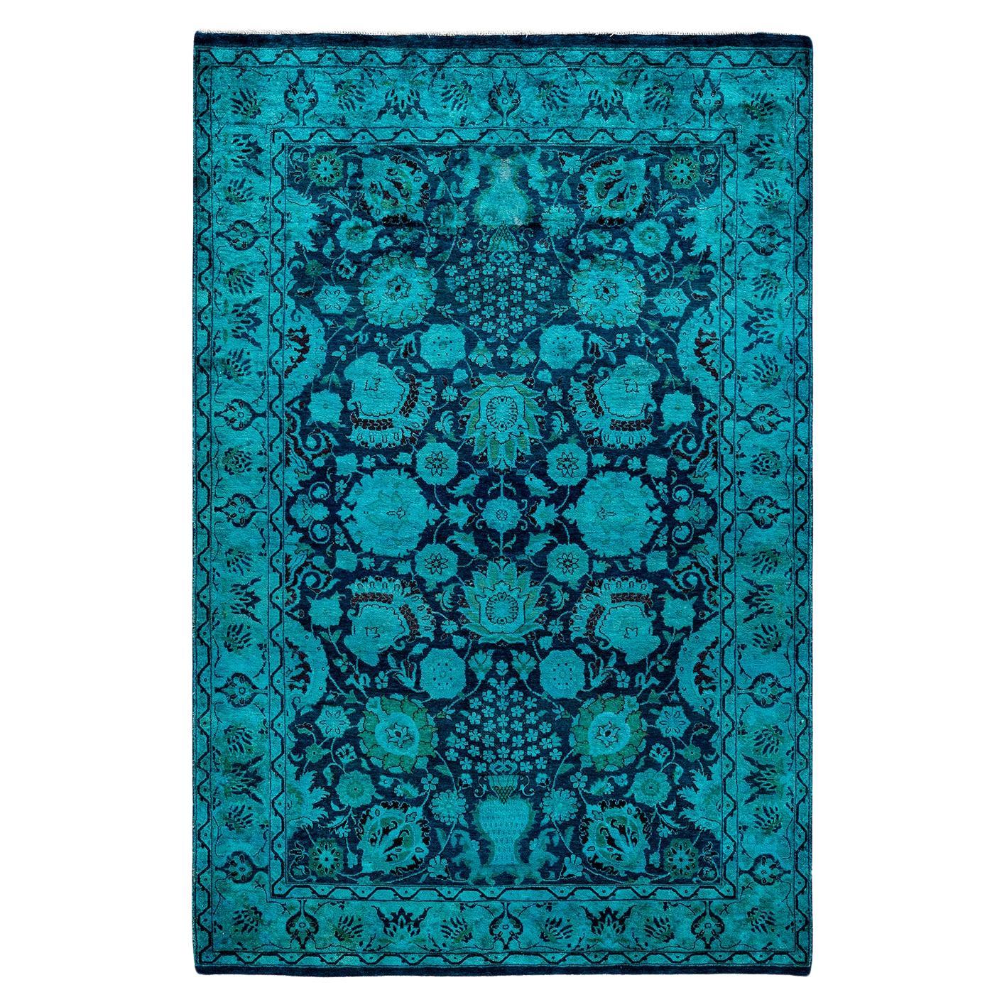 Tappeto contemporaneo in lana sovratinta annodata a mano di colore blu