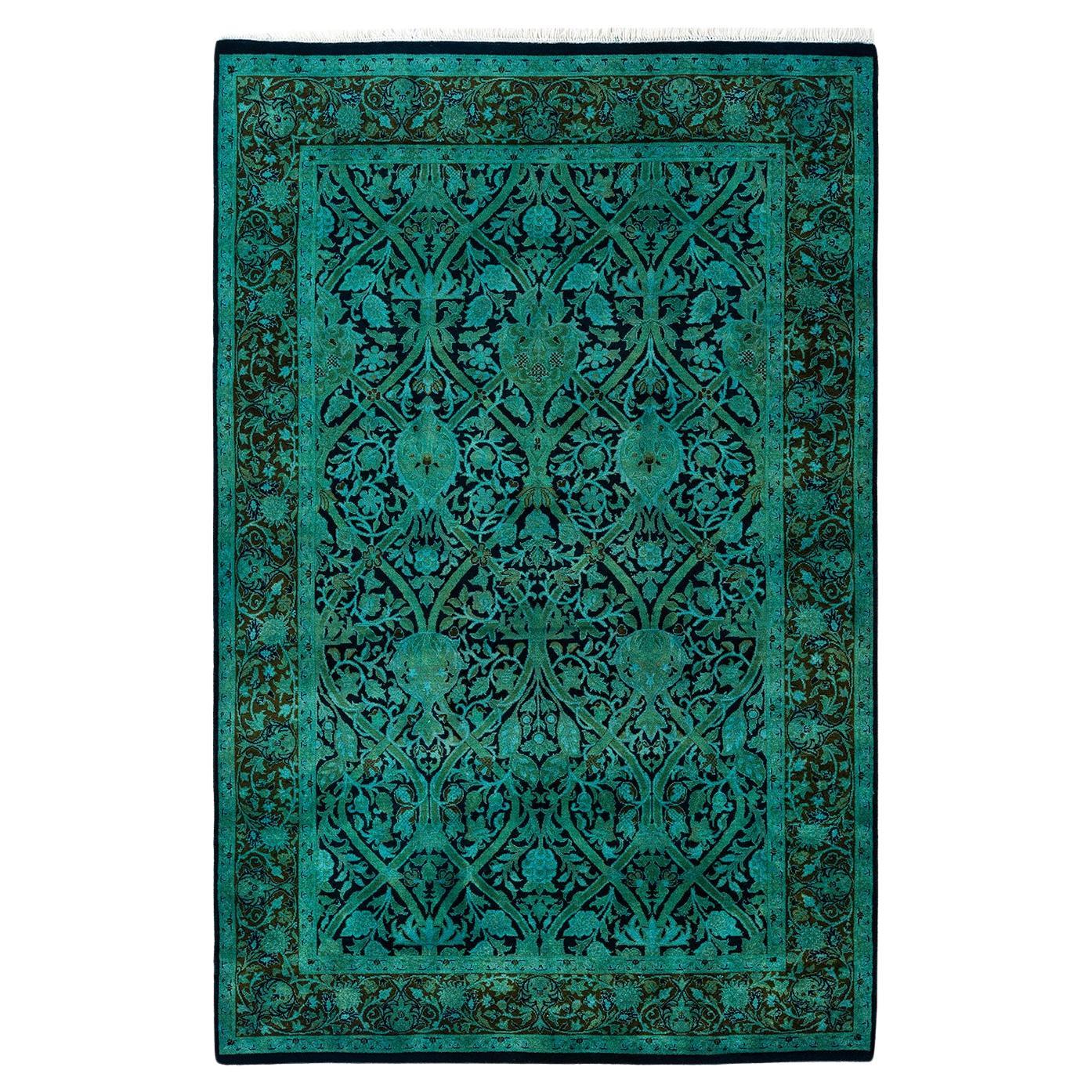 Contemporary Overdyed Hand Knotted Wool Blue Area Rug For Sale