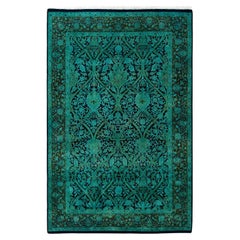 Tapis de sol contemporain en laine surteinte nouée à la main, bleu