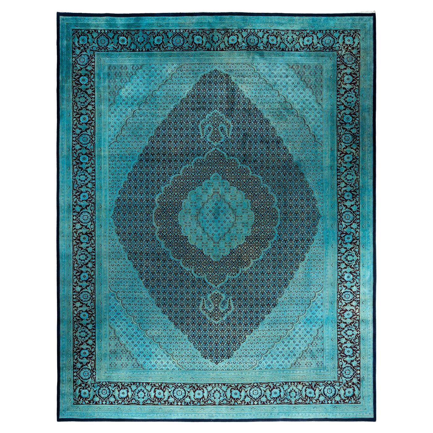 Contemporary Overdyed Hand Knotted Wool Blue Area Rug