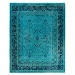 Tappeto contemporaneo in lana sovratinta annodata a mano di colore blu