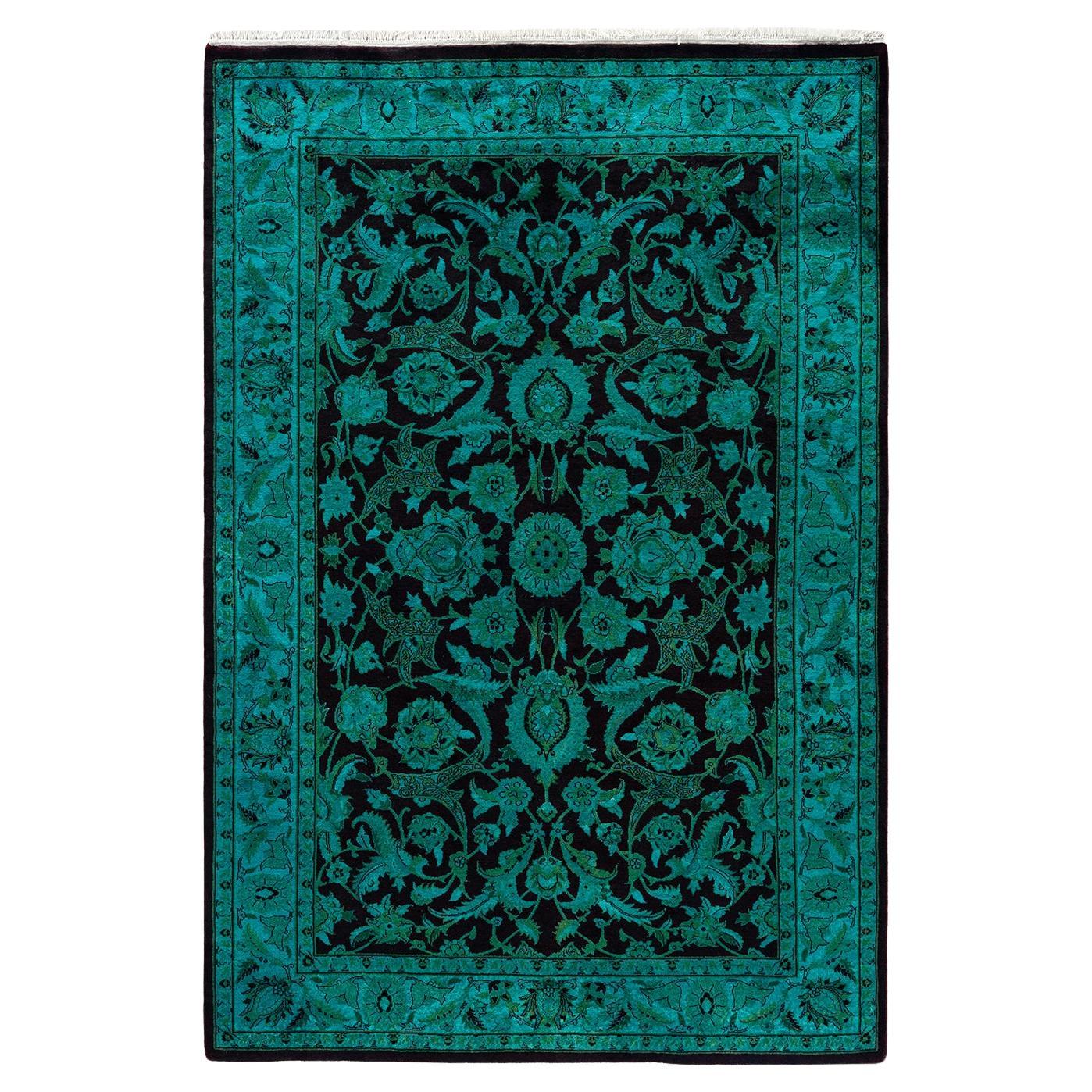 Contemporary Overdyed Hand Knotted Wool Blue Area Rug For Sale