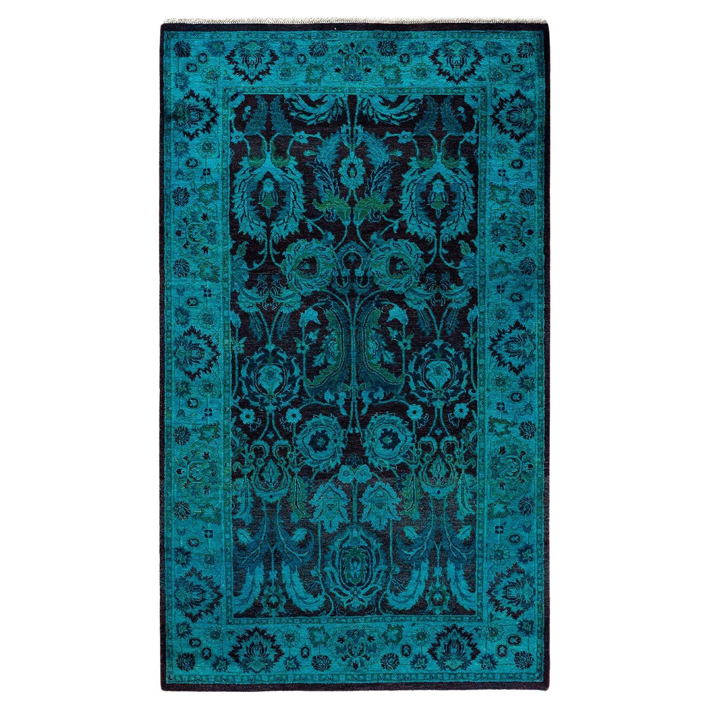 Contemporary Overdyed Hand Knotted Wool Blue Area Rug For Sale