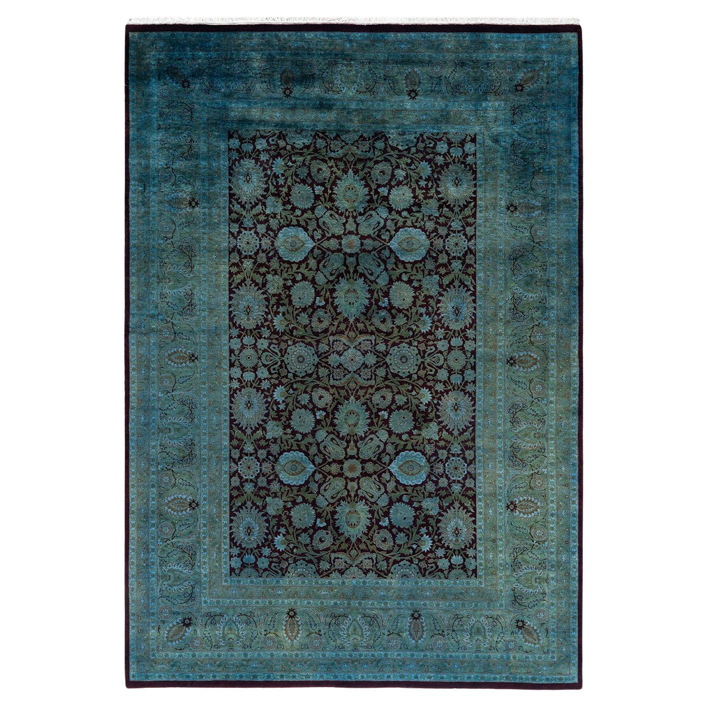 Tapis de sol contemporain en laine surteinte nouée à la main, bleu