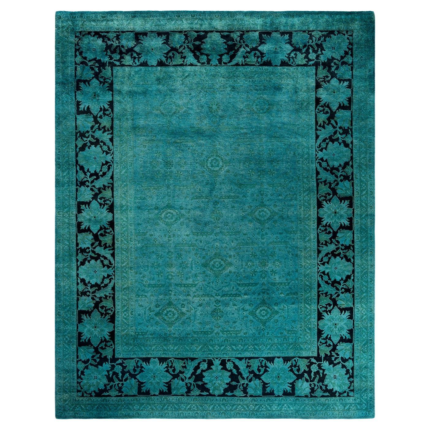 Tappeto contemporaneo in lana sovratinta annodata a mano di colore blu