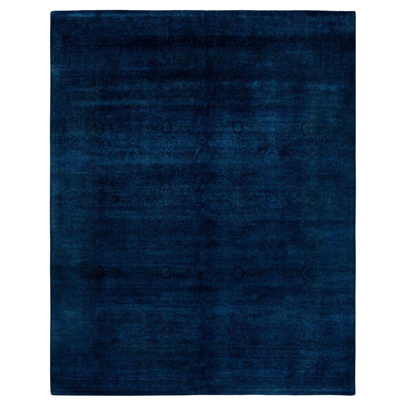 Contemporary Overdyed Hand Knotted Wool Blue Area Rug