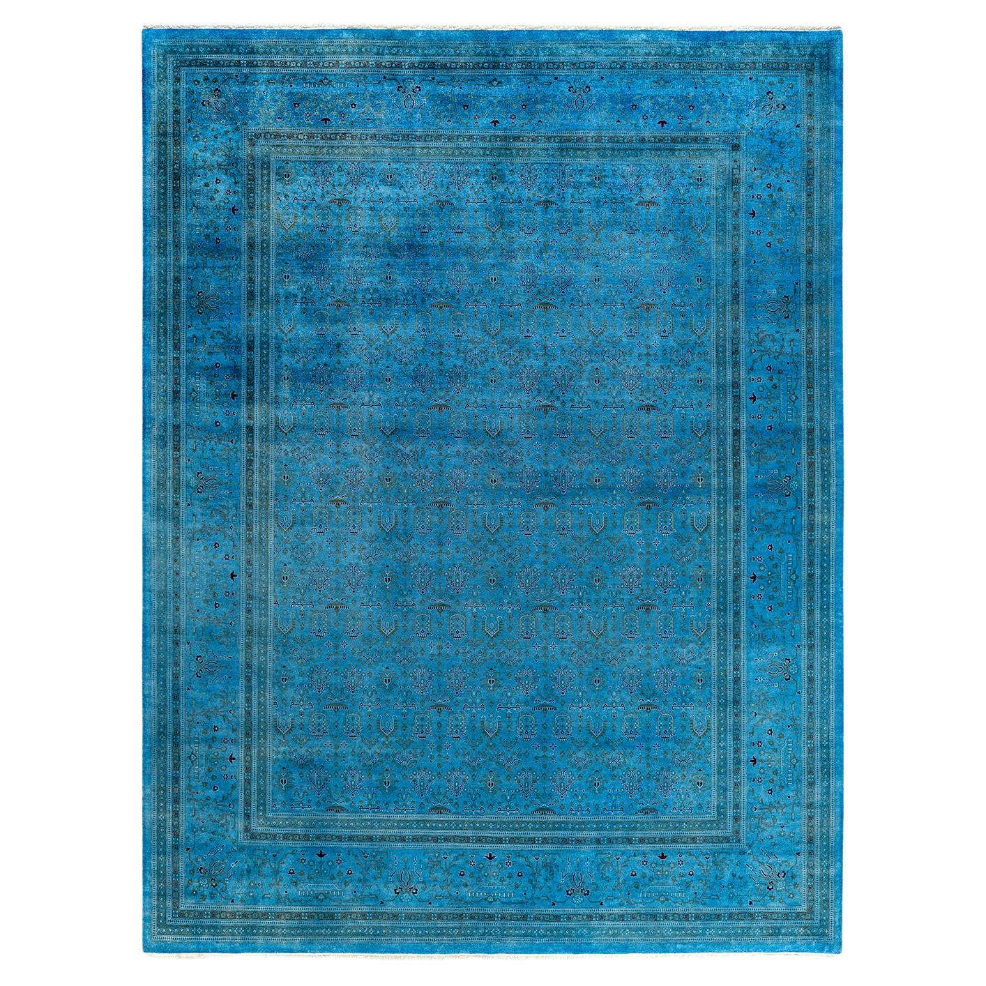 Contemporary Overdyed Hand Knotted Wool Blue Area Rug