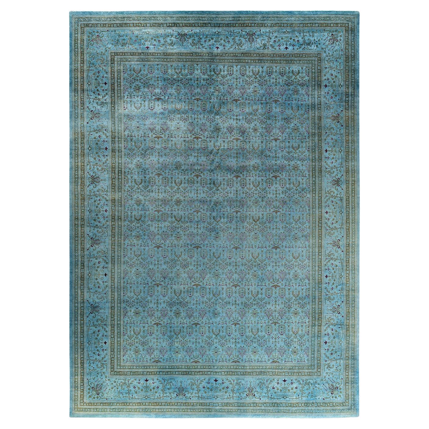 Contemporary Overdyed Hand Knotted Wool Blue Area Rug