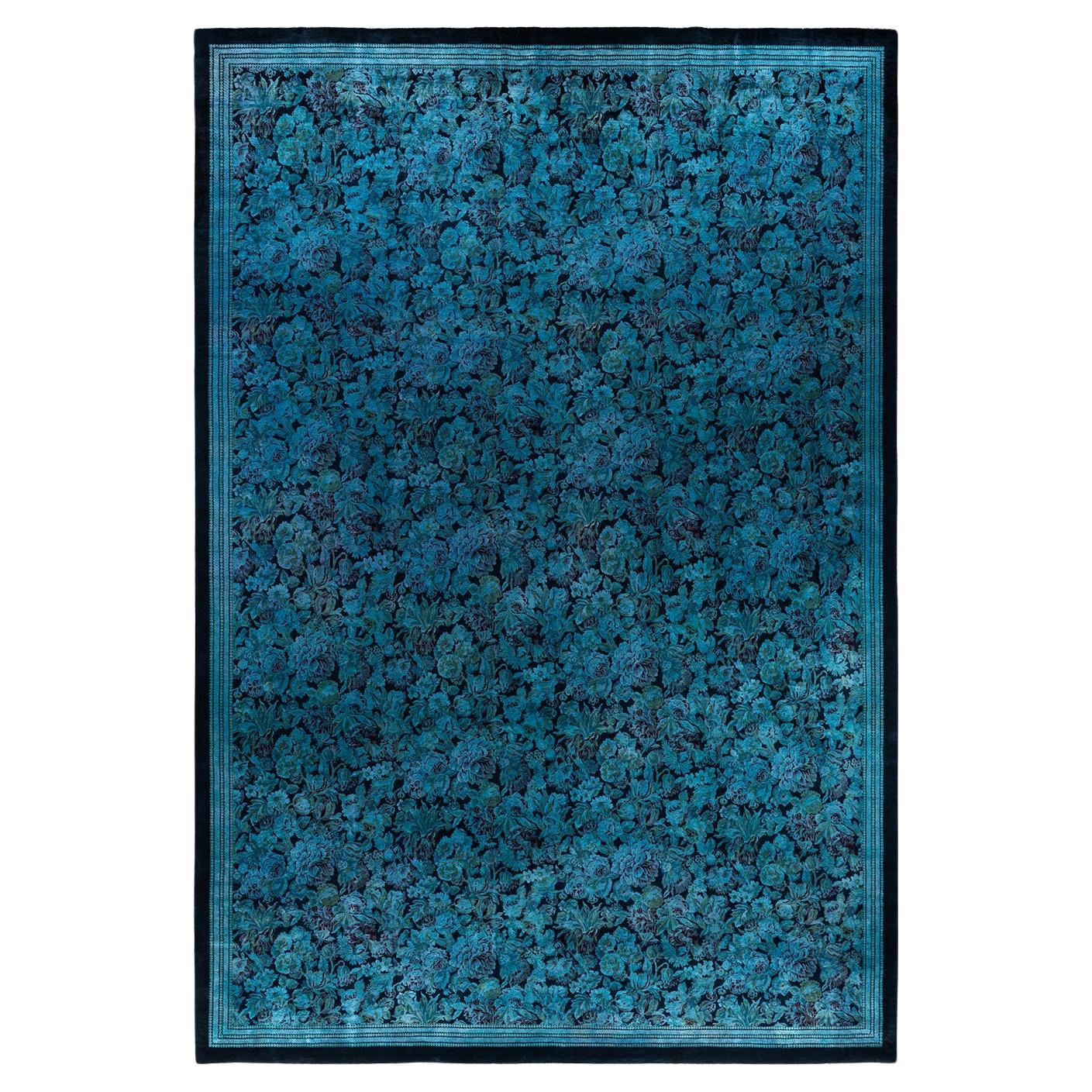 Tappeto contemporaneo in lana sovratinta annodata a mano di colore blu