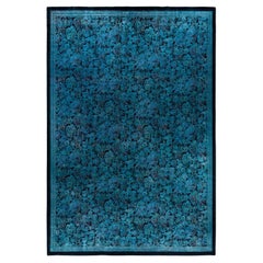 Tapis de sol contemporain en laine surteinte nouée à la main, bleu