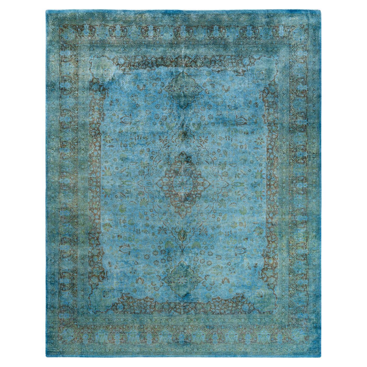 Contemporary Overdyed Hand Knotted Wool Blue Area Rug For Sale