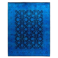 Tapis de sol contemporain en laine surteinte nouée à la main, bleu