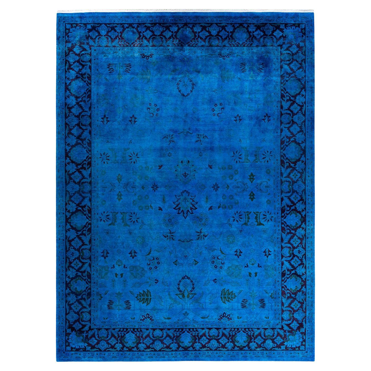 Tappeto contemporaneo in lana sovratinta annodata a mano di colore blu