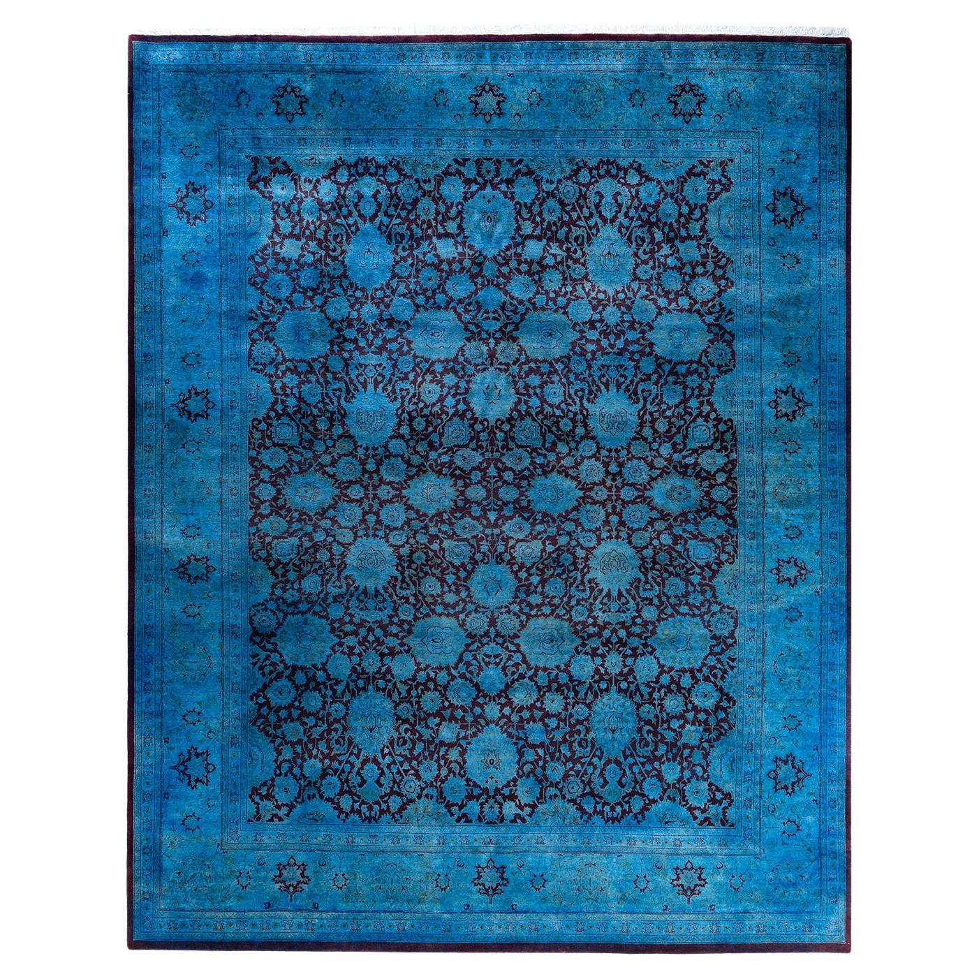 Contemporary Overdyed Hand Knotted Wool Blue Area Rug For Sale