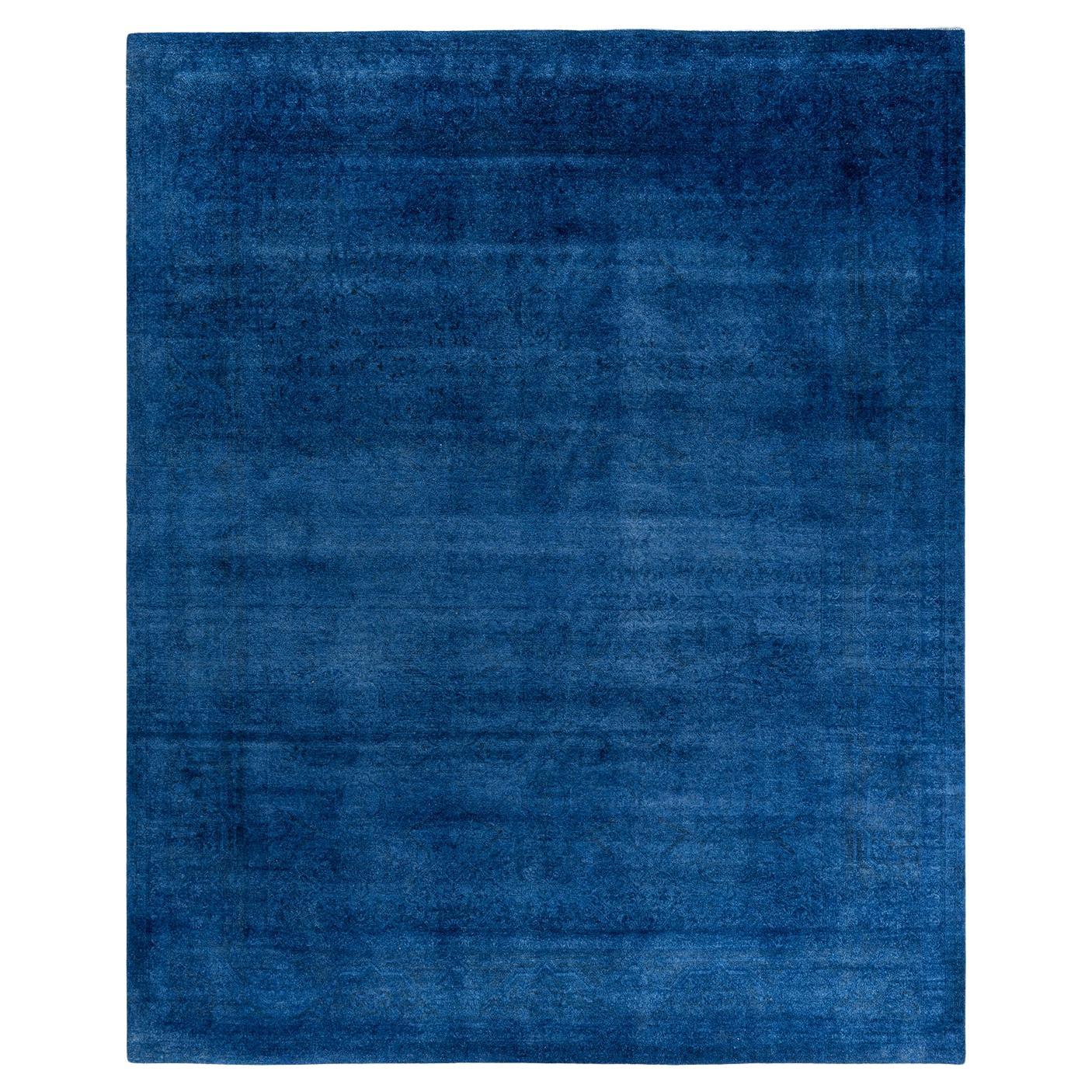 Contemporary Overdyed Hand Knotted Wool Blue Area Rug For Sale