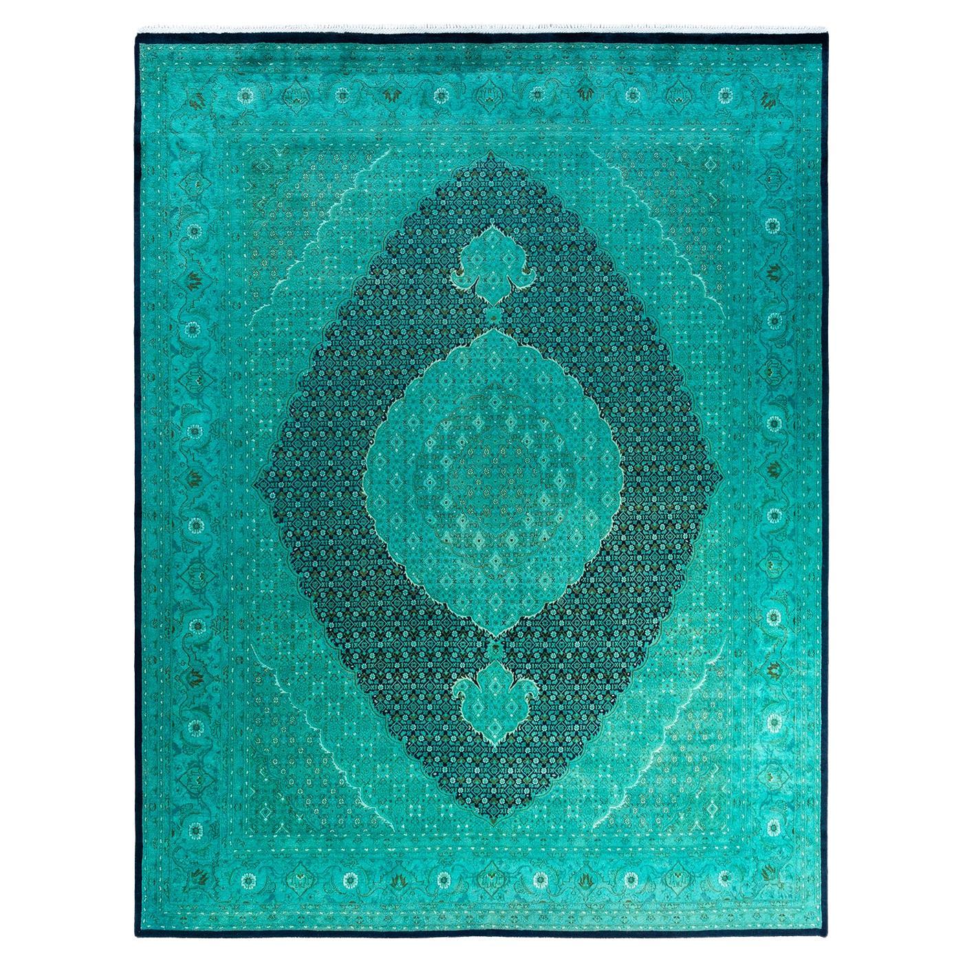 Tappeto contemporaneo in lana sovratinta annodata a mano di colore blu