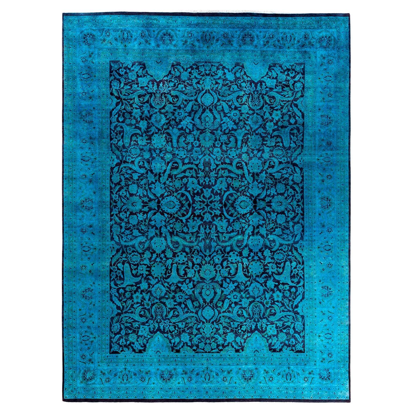 Tapis de sol contemporain en laine surteinte nouée à la main, bleu
