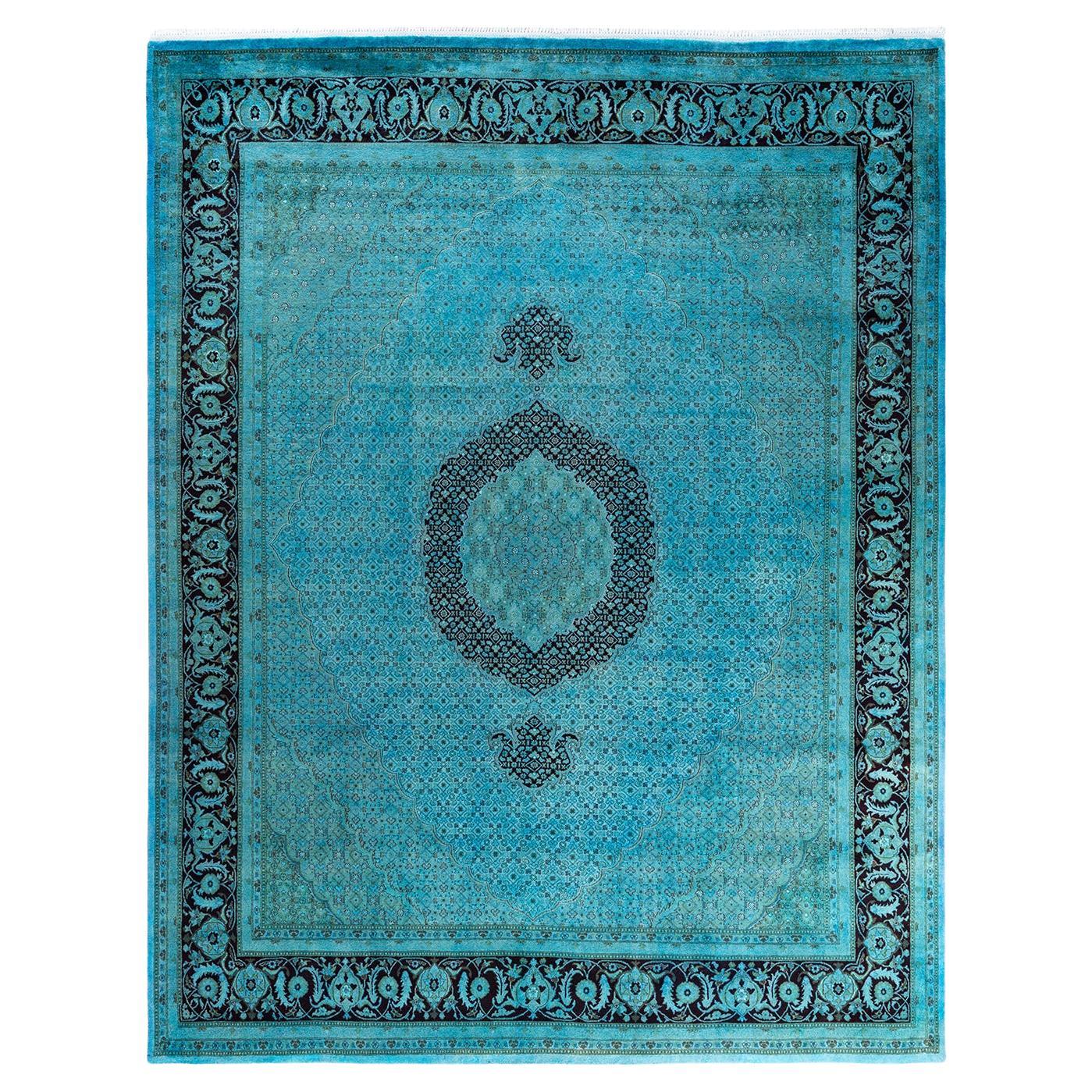 Contemporary Overdyed Hand Knotted Wool Blue Area Rug