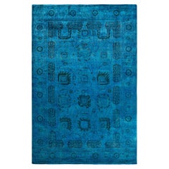 Tapis de sol contemporain en laine surteinte nouée à la main, bleu