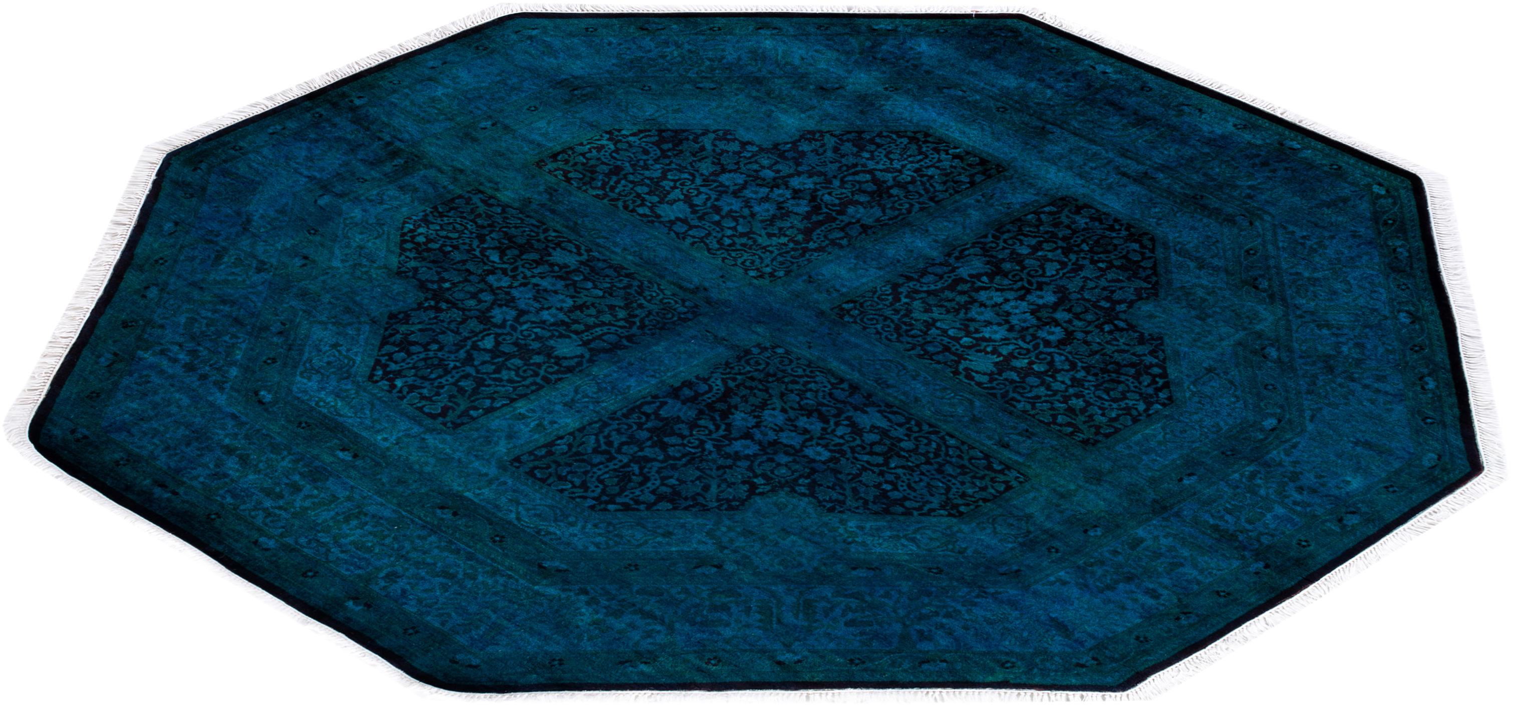Zeitgenössische Overdyed handgeknüpfte Wolle blau Octagon Bereich Teppich 6' 1