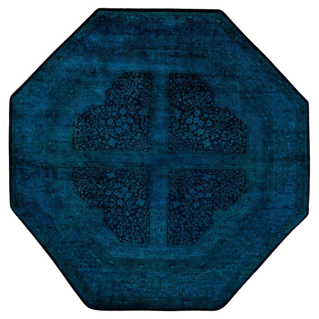 Contemporary Overdyed Hand Knotted Wool Blue Octagon Area Rug 6' 1" x 6' 1"