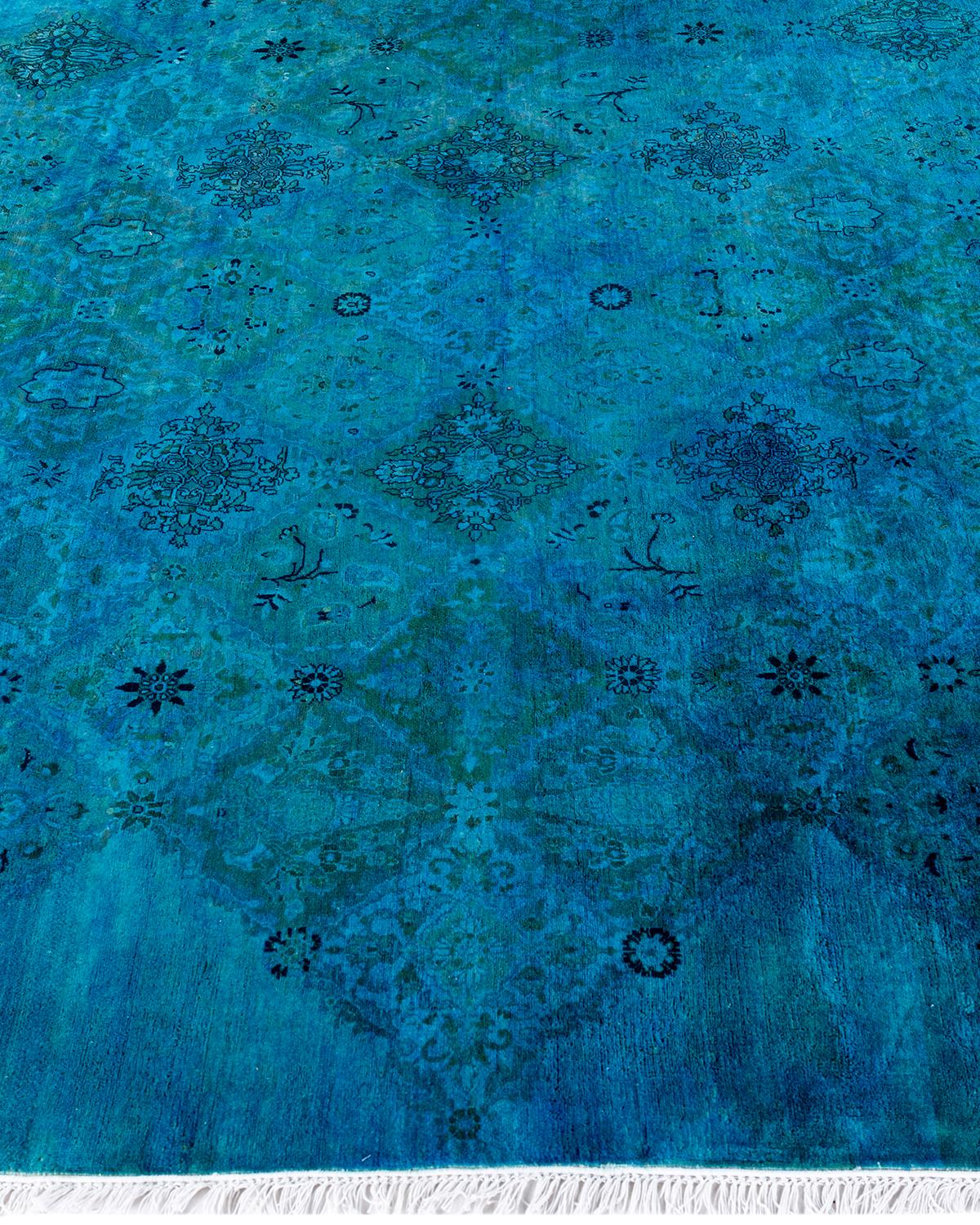 Contemporary Overdyed Hand Knotted Wool Blue Octagon Area Rug 7' 1