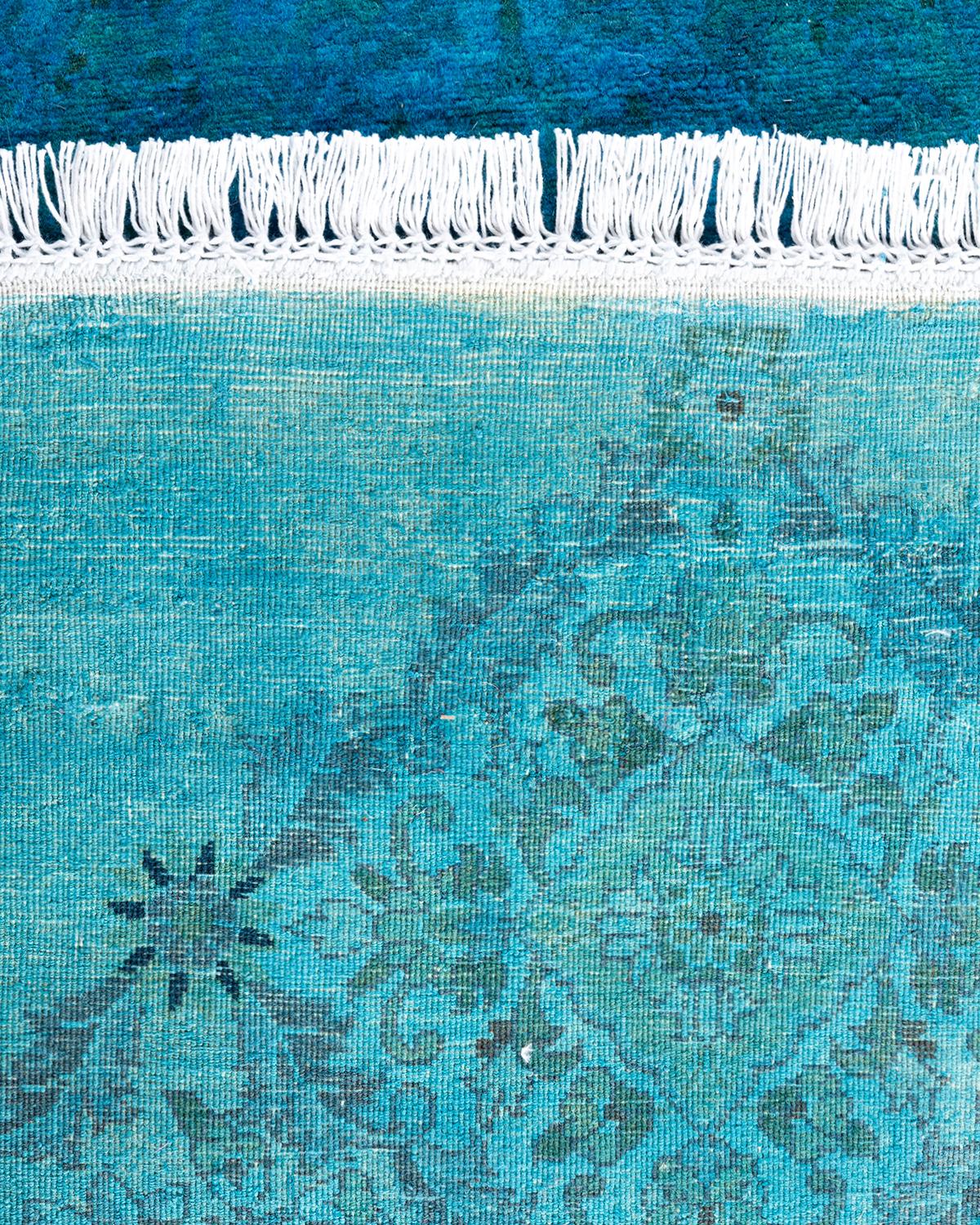 Contemporary Overdyed Hand Knotted Wool Blue Octagon Area Rug 7' 1
