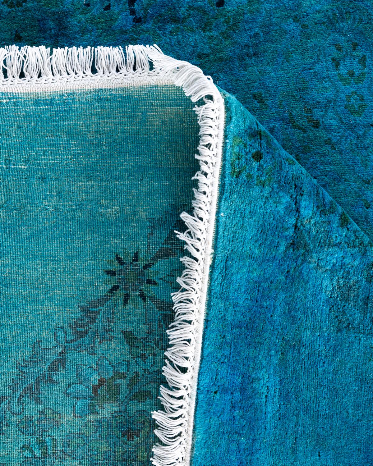 Contemporary Overdyed Hand Knotted Wool Blue Octagon Area Rug 7' 1