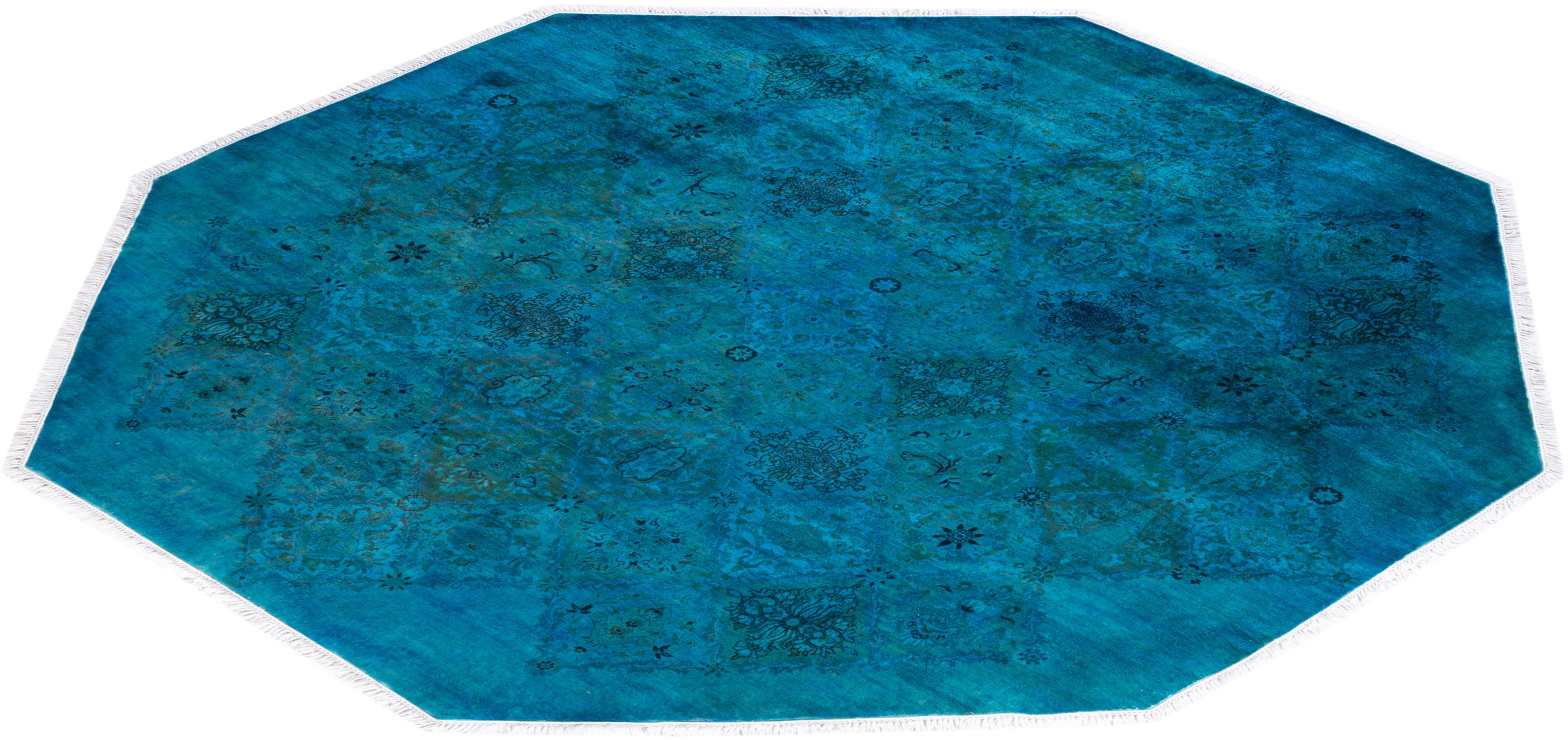 Contemporary Overdyed Hand Knotted Wool Blue Octagon Area Rug 7' 1